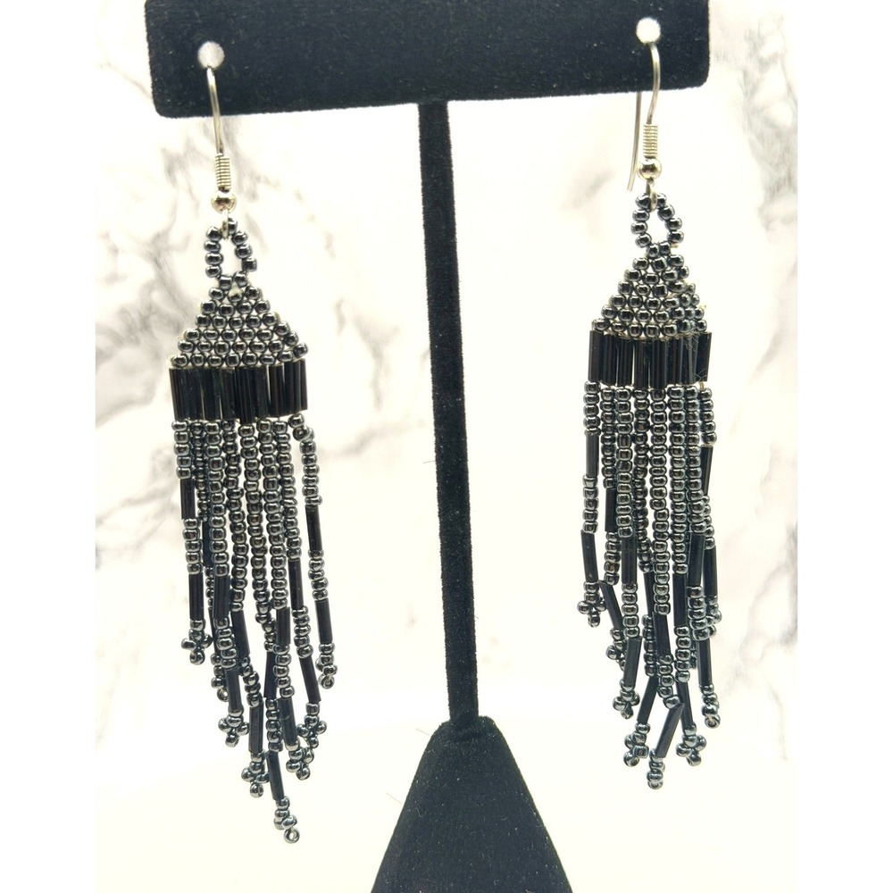 Black Silver Beaded Fringe Earrings 3.5" Dramatic Dangle Retro